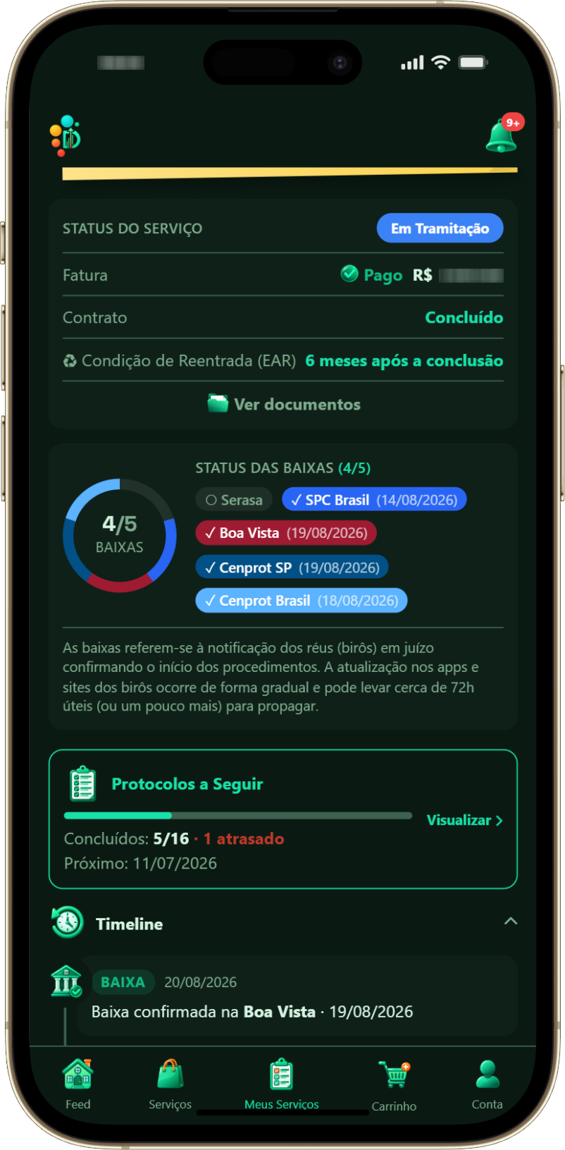 Acompanhamento do Limpa Nome no app: status, baixas e protocolos